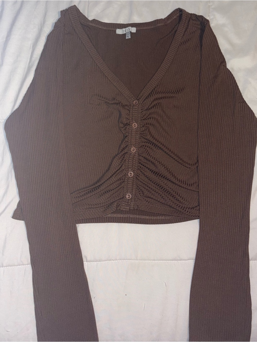 iris Brown Ribbed Ruched Button-Front Long Sleeve Crop Top
